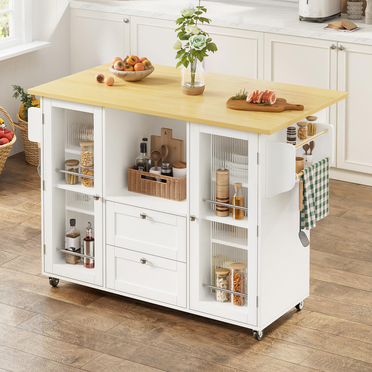 KÜCHENINSEL natur-weiß aus MDF mit klappbarer Platte & Wellenglas 120 × 45 × 92 cm - Weiß, Holzwerkstoff (120/92/70cm) - Luhomfu