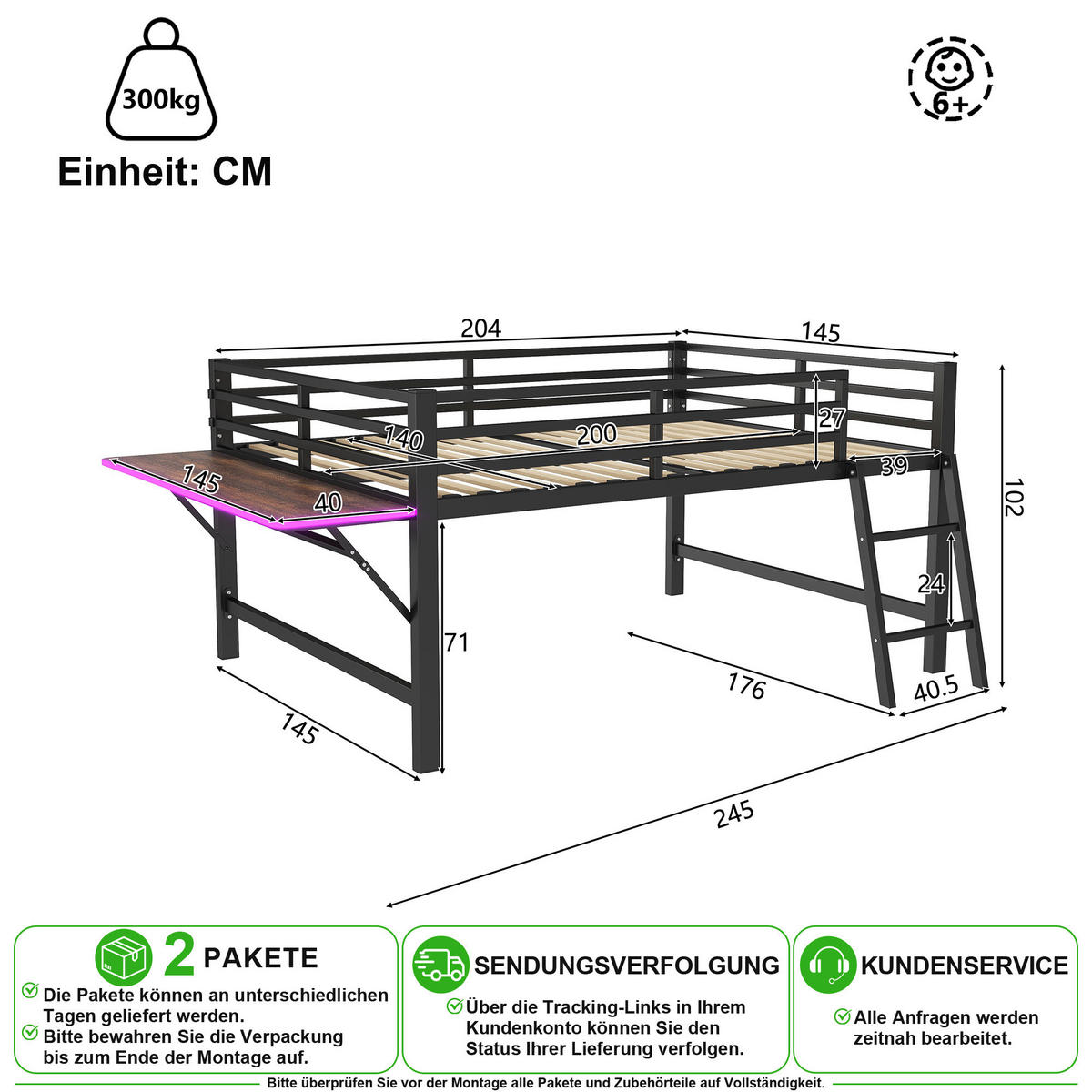HOCHBETT 140/200 cm in Schwarz mit LED und Schreibtisch - Schwarz, Metall (140/200cm) - CHICFURN