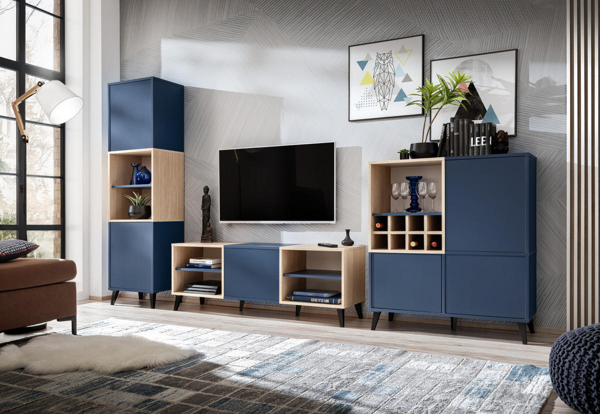 WOHNWAND MIT WEINSCHRANK FONDI, Blau, Skandinavische Tanne - Blau/Hellbraun, Holzwerkstoff/Metall (271.5/172.6/35cm) - Komodee
