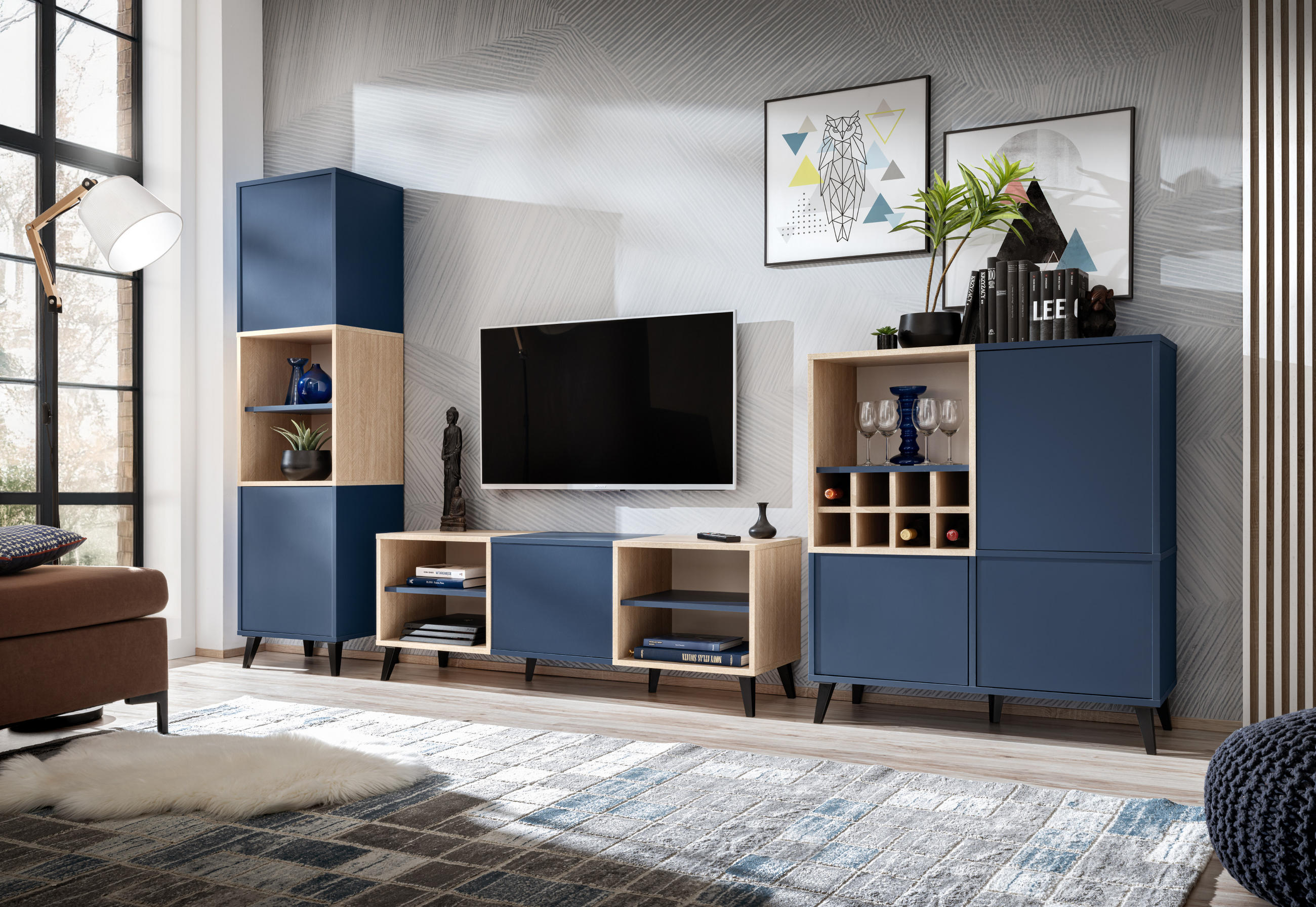 Thumbnail - Komodee Wohnwand, Blau, Hellbraun, Holzwerkstoff, 3 Fächer, Rechteckig, 271.5x172.6x35 cm, Wohnzimmer, Wohnwände, Anbauw...