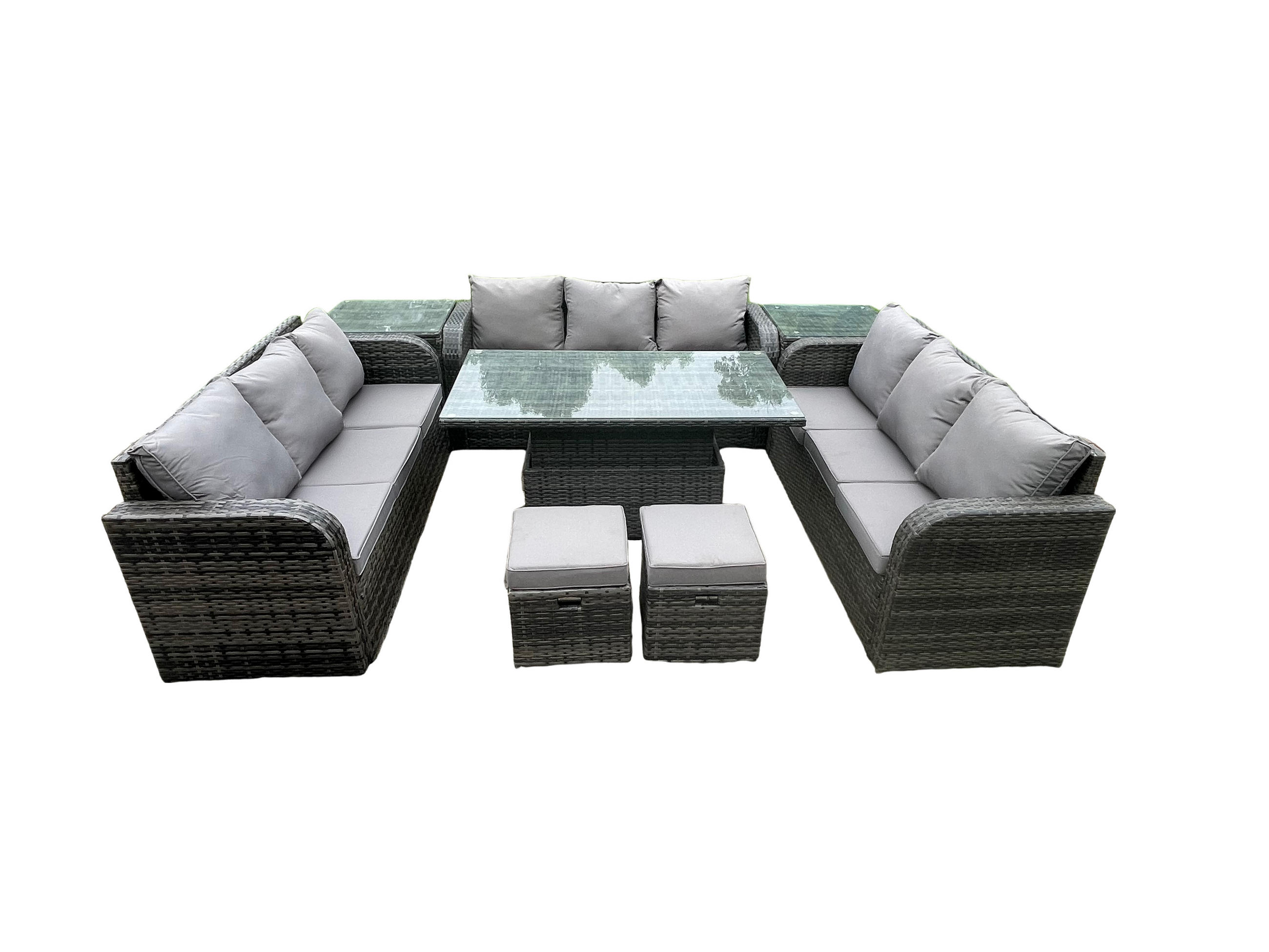 GARTENTISCHGRUPPE Polyrattan 11-Sitzer - Dunkelgrau/Grau, Glas/Kunststoff - Fimous