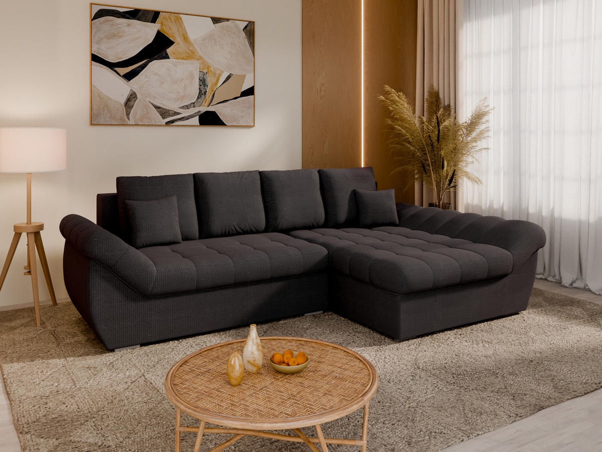 ECKSOFA ZAYA mit Schlaffunktion L-Form, Sofa mit Bettkasten, Wohnzimmersofa, Couch, Soffa, Bettsofa, RECHTS- Anthracite - Anthrazit, Holz (279/175cm) - Homesy