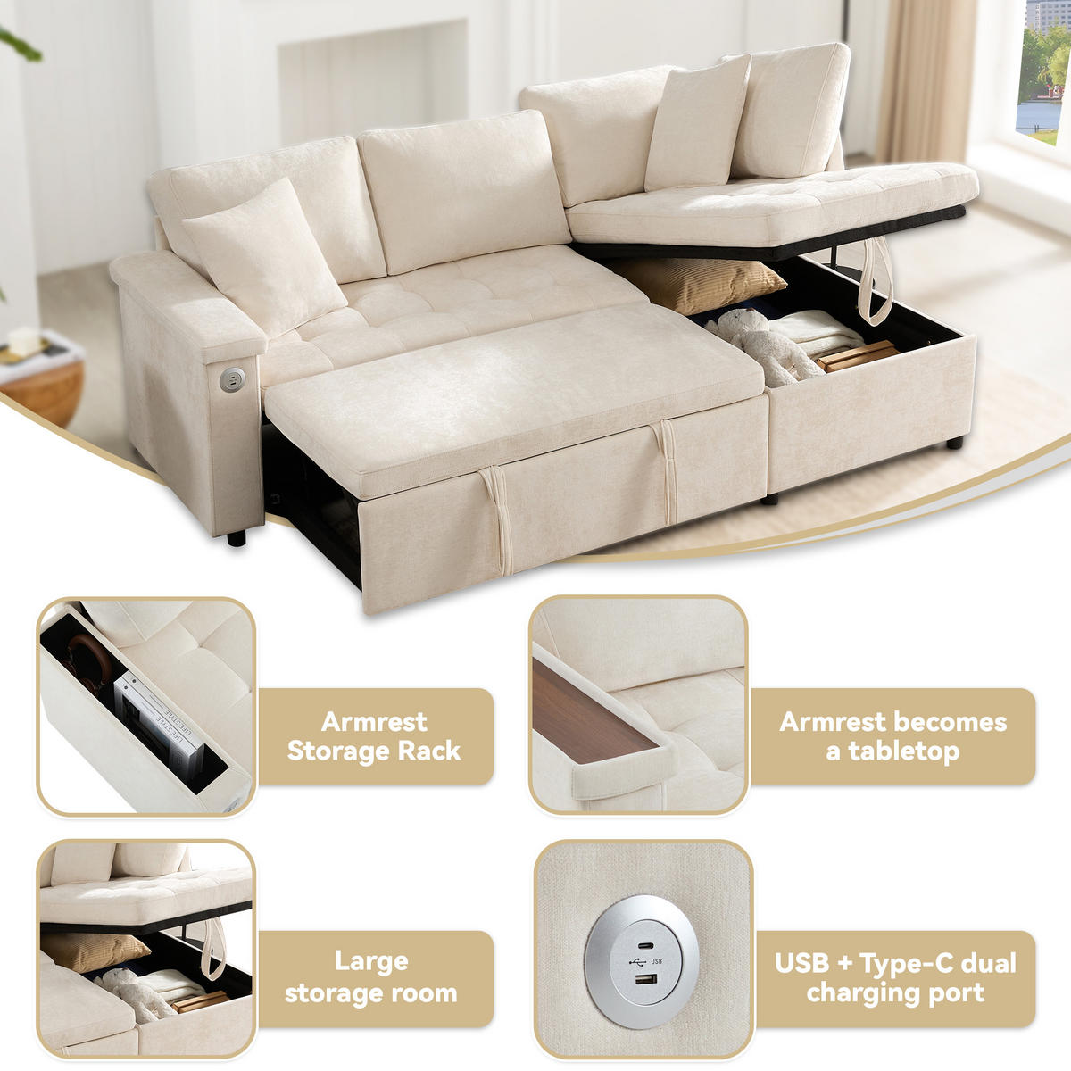 SCHLAFSOFA L-Form mit Stauraum, USB und 2 Kissen, Beige - Beige, Textil (209/84/130cm)