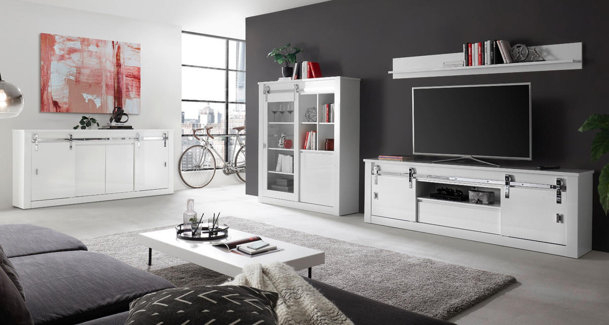 WOHNWAND weiß Hochglanz 3-teilig 349 x 170 cm, Wohnkombination inklusive LED-Beleuchtung, Soft-Close - Chromfarben/Weiß Hochglanz, Glas/Holzwerkstoff (349/170/43cm) - Furn.Design