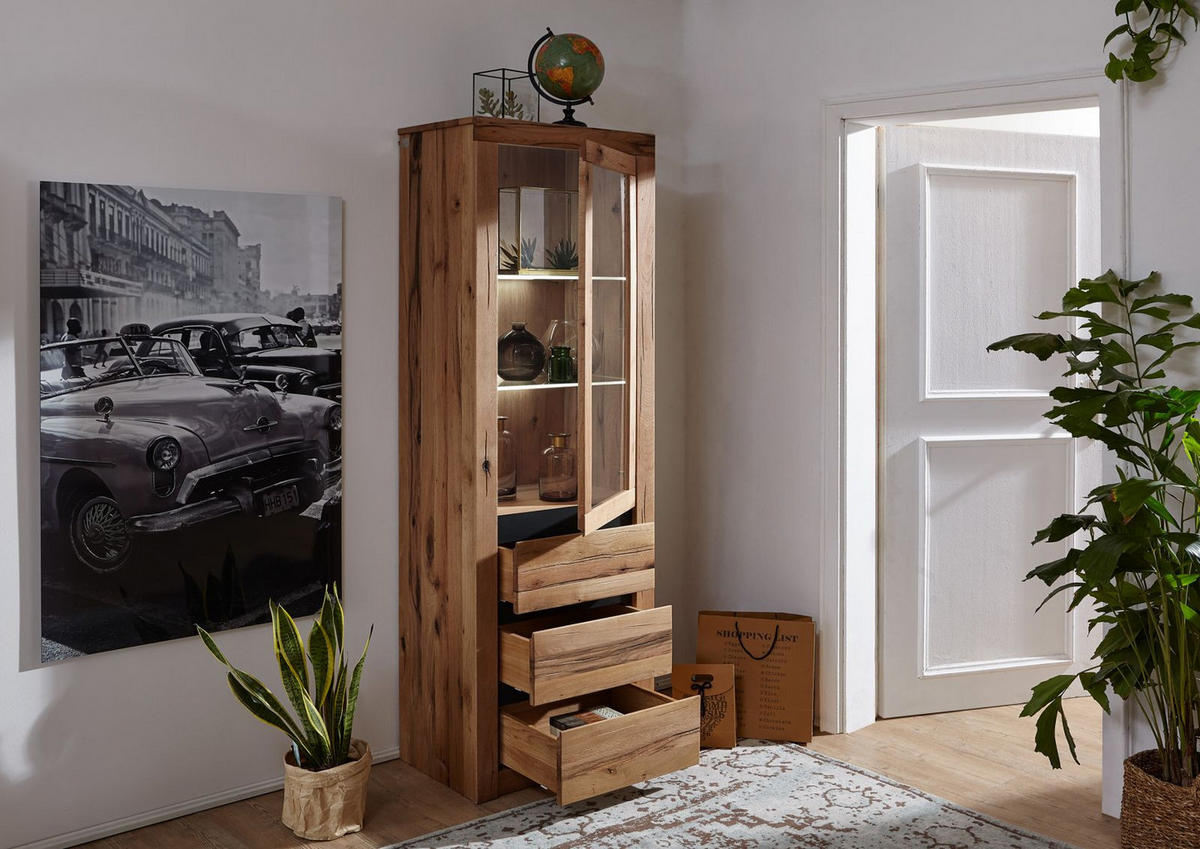 VITRINE Wild-/Zerreiche 62x42x191 natur geölt MONTREUX #121 - Braun, Holz (62/191/42cm) - Massivmoebel24