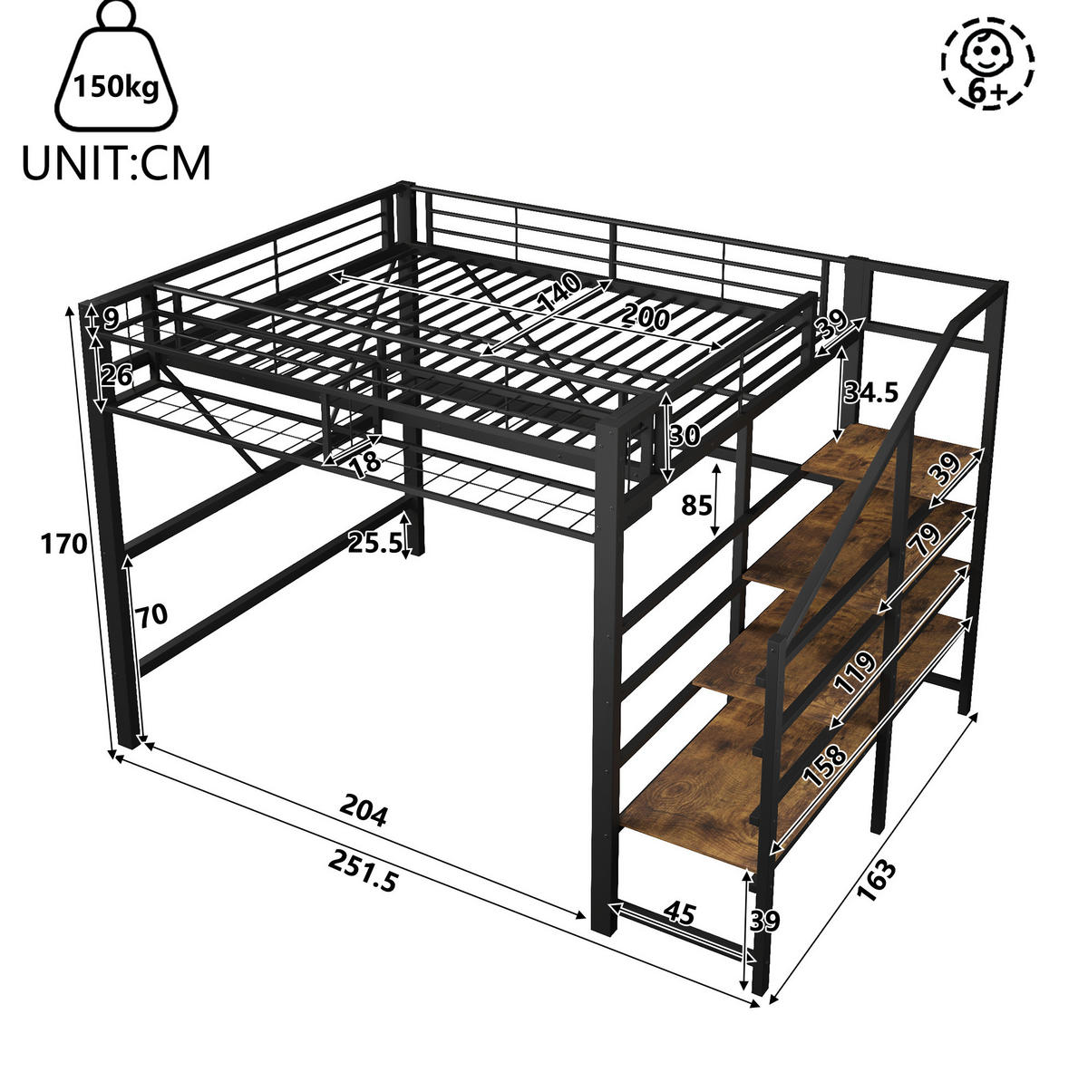 HOCHBETT 140/200 cm Schwarz aus Metall mit LED und Ablageregal ohne Matratze - Schwarz, Metall (140/200cm) - MIVRAY