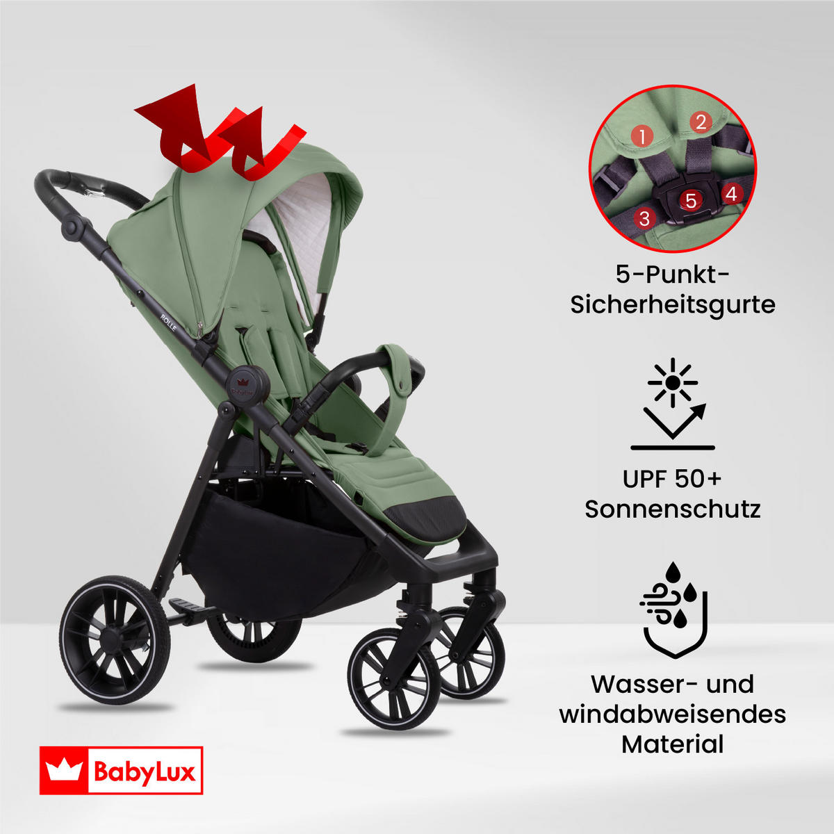 BUGGY Rolle, Klein und Leicht, Teleskopische Führung, Kompakt Faltbar, Wickeltasche, Reisetasche - Jadegrün/Schwarz, Textil/Metall (58/99cm) - BabyLux