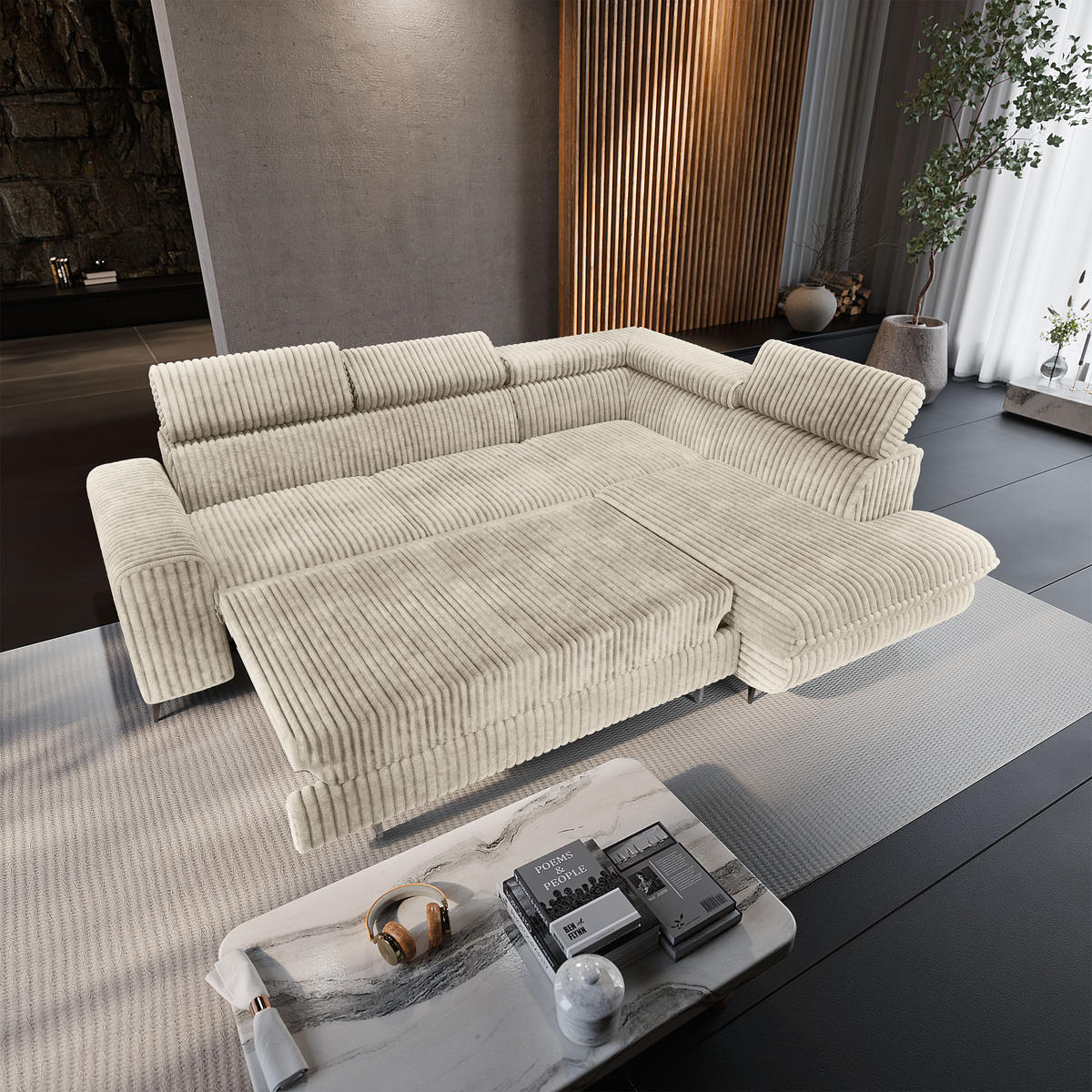 ECKSOFA VELISS Creme Kordstoff mit Schlaffunktion - Creme, Holz (255/193cm) - MASSENO