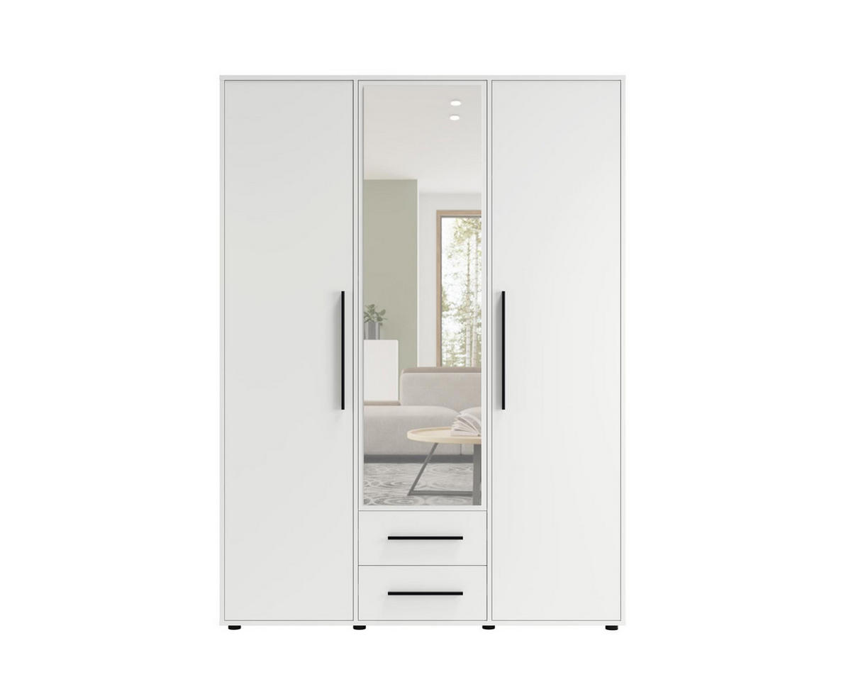 KLEIDERSCHRANK Maxivo Weiß, dreitüriger Kippschrank mit Schubladen und Spiegel, Erweiterung - Schwarz/Weiß, Holzwerkstoff (150/248/59cm) - Bettso