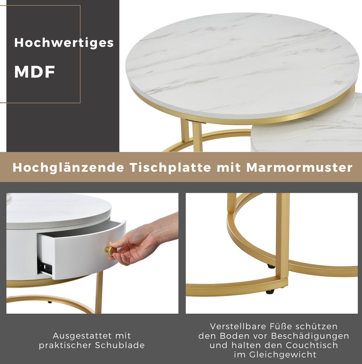 COUCHTISCH 70/70/48 cm und 50/50/43.5 cm Weiß aus MDF mit Nesting-Design - Weiß, Holzwerkstoff (70/70/45cm) - OKMYHOME