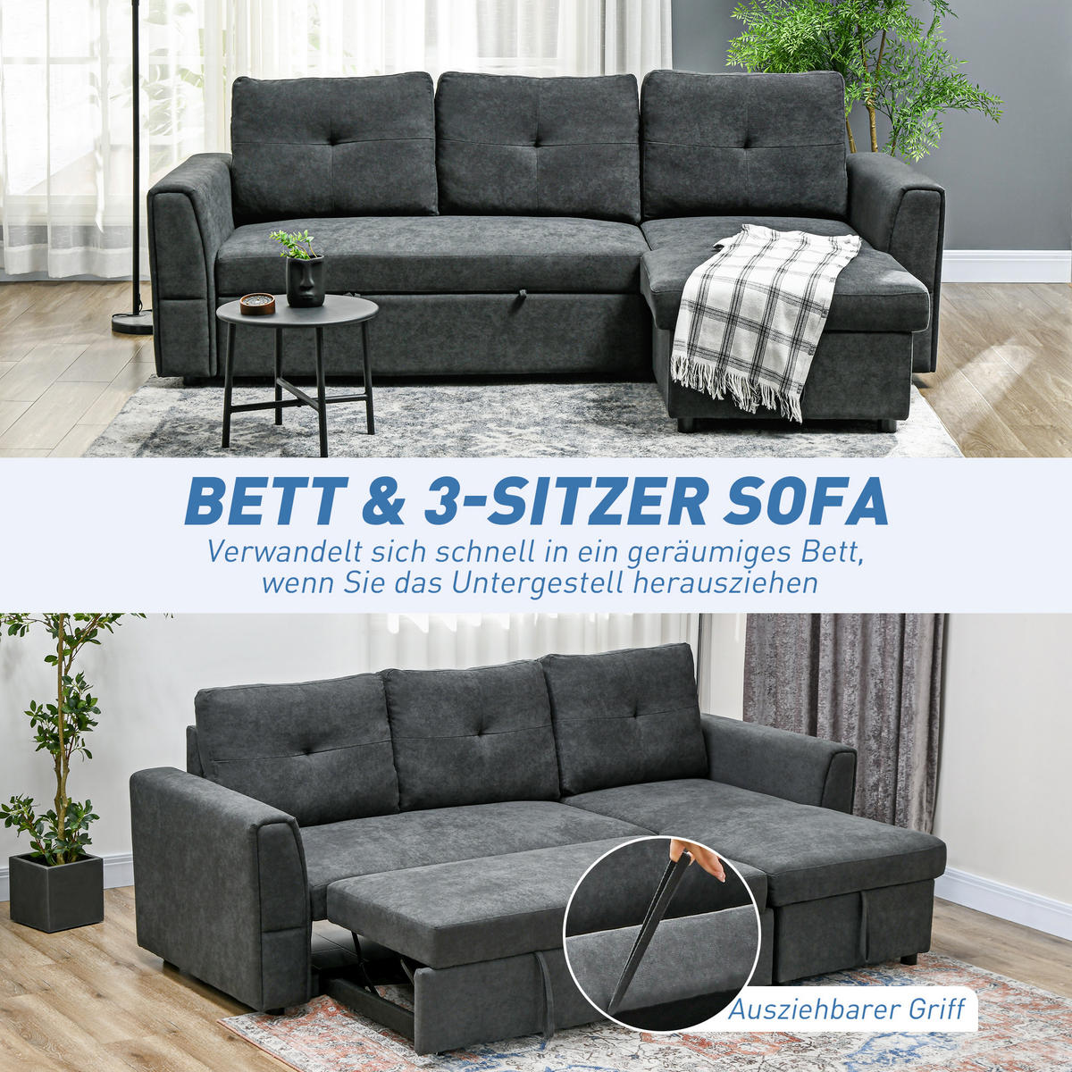 SCHLAFSOFA Ecksofa mit Bettfunktion, 3 Sitzer Couch mit Stauraum, Dunkelgrau - Dunkelgrau/Schwarz, Kunststoff/Textil (141/232cm) - HOMCOM
