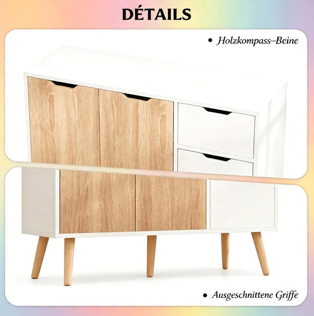 SIDEBOARD in Weiß und heller Eiche 90x30x72 cm mit 3 Türen und Schublade - Weiß, Holzwerkstoff (30/72/90cm) - IVMEU