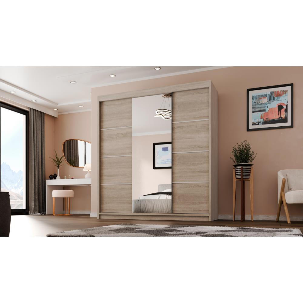 SCHWEBETÜRENSCHRANK Milo 200/215/58 3-türig eiche sonoma mit Spiegel - Sonoma Eiche, Holzwerkstoff (200/215/58cm) - Beautysofa