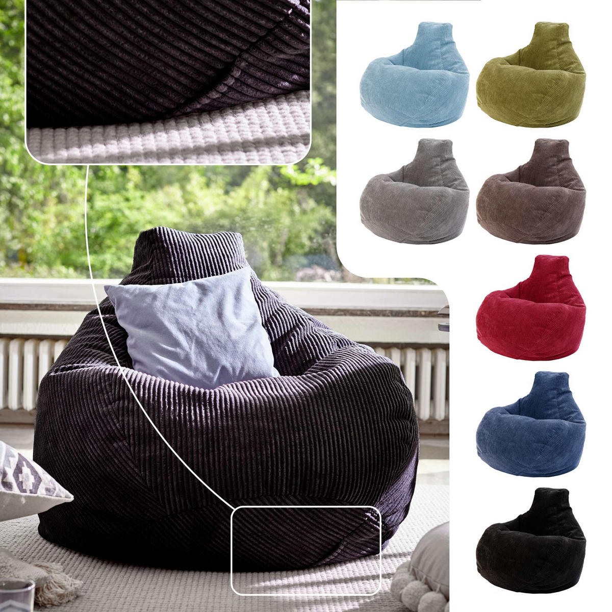 SITZSACK MIT RÜCKENLEHNE Cozy Cord - Schwarz, Textil (80/90/90cm) - Green Bean