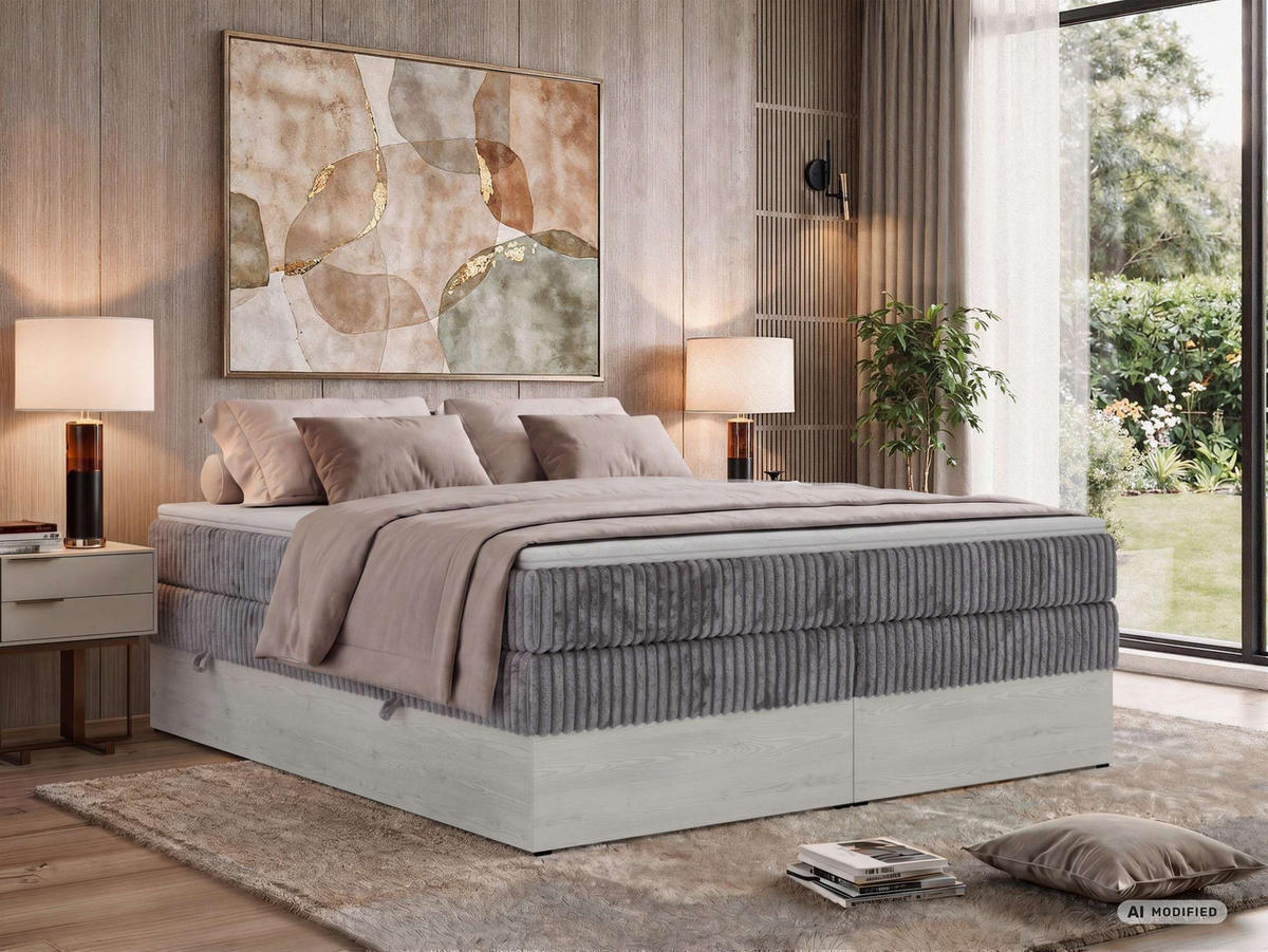 BOXSPRINGBETT NORDIC ZERO KING 200/200 - Grau Cord - Topper T25 - H4 - Schwarz/Grau, Kunststoff/Textil (200/200cm) - MKS