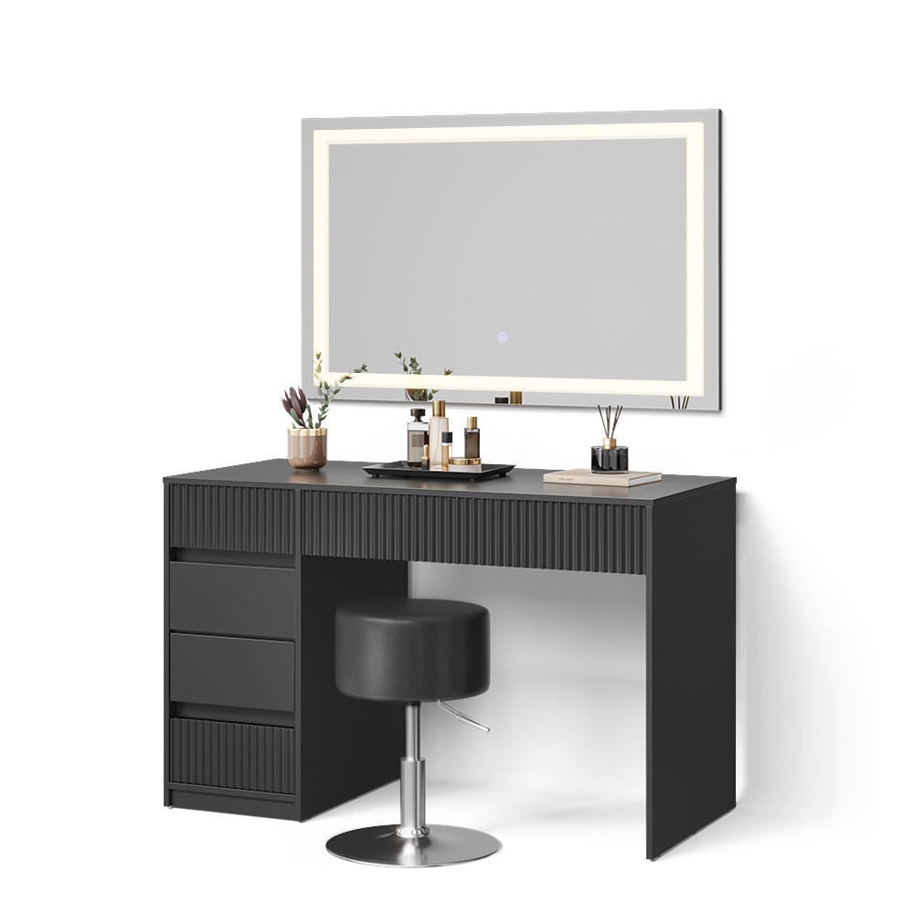 SCHMINKTISCH Allia Schwarz mit LED-Spiegel und Hocker - Schwarz, Holzwerkstoff (120/76/55cm) - Livinity®