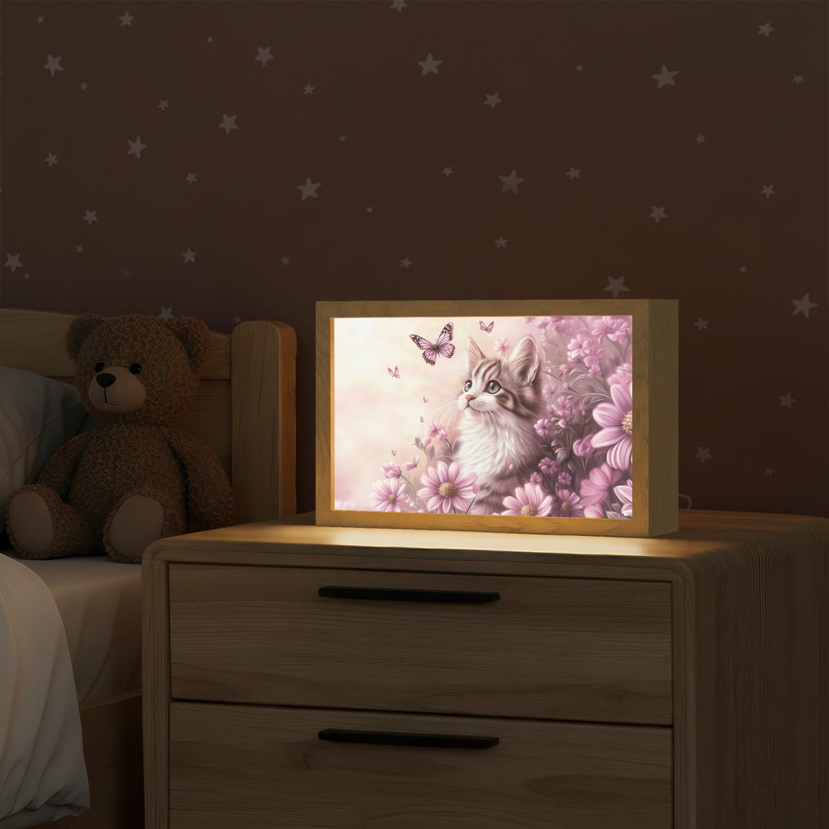 NÁSTĚNNÁ LAMPA Koťátko - Květiny - Motýli - Fialová 30x20 cm - starorůžová, kompozitní dřevo (30/20/8cm) - OnlyWow