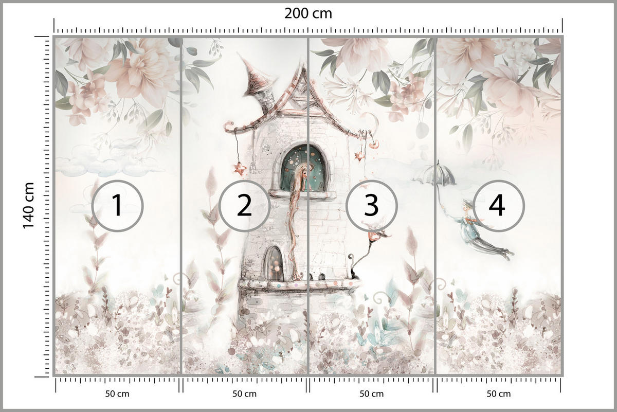 FOTOTAPETE für Kinderzimmer Prinzessin Turm Blumen Pflanzen 200x140 - Multicolor, Papier (200/140cm) - Muralo