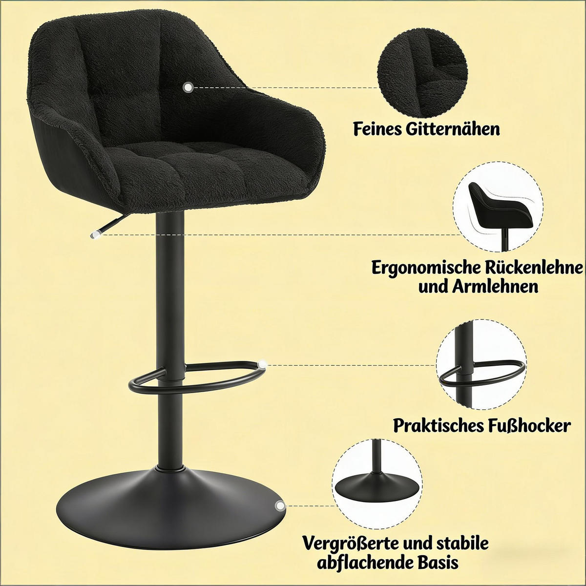 BARHOCKER 2er-Set Schwarz Höhenverstellbar & Drehbar mit Chenille - Schwarz, Metall (50/109/52cm) - PANGIVO