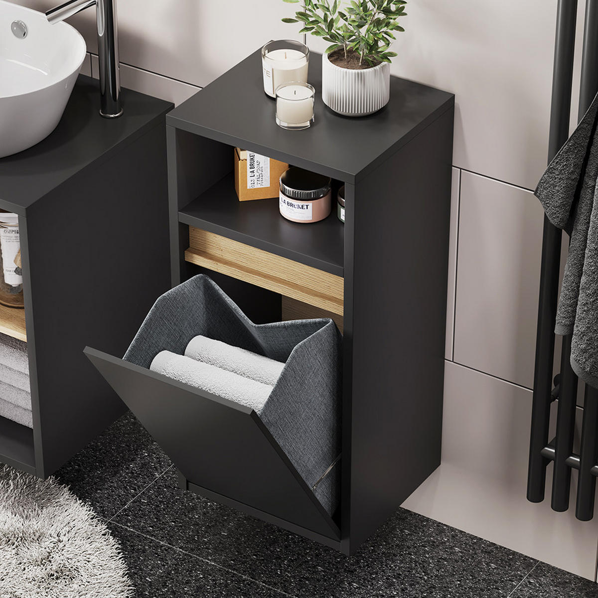 BADSCHRANK Viola Grau/Artisan 38 x 80 cm mit Wäschkorb - Eiche Artisan/Grau, Holzwerkstoff (38/80/33cm) - Vicco
