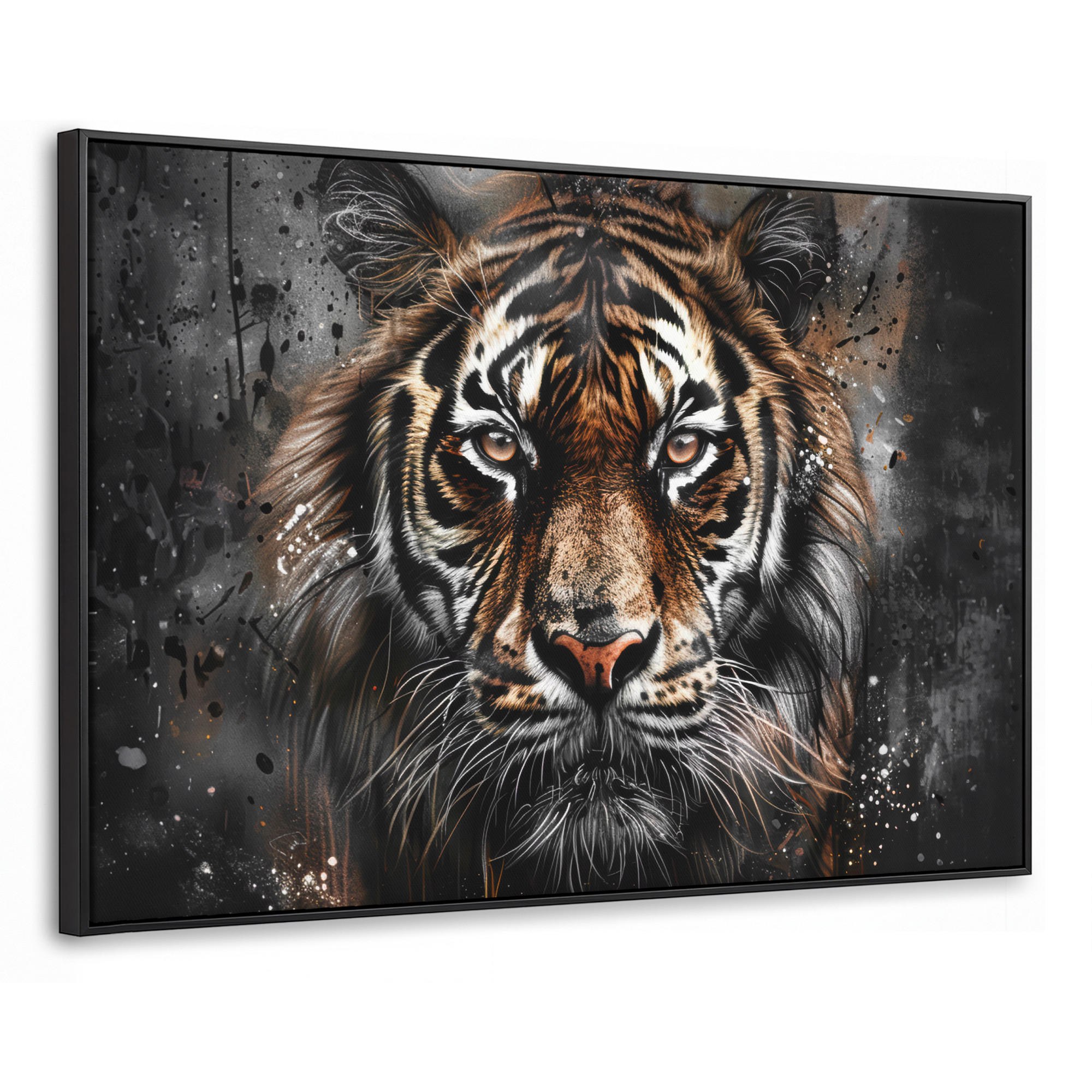 LEINWAND Bilder mit Rahmen - Tiger - Tiere - Porträt - Luxus - Schwarz - 140x90 - Braun, Textil (140/90cm) - MuchoWow