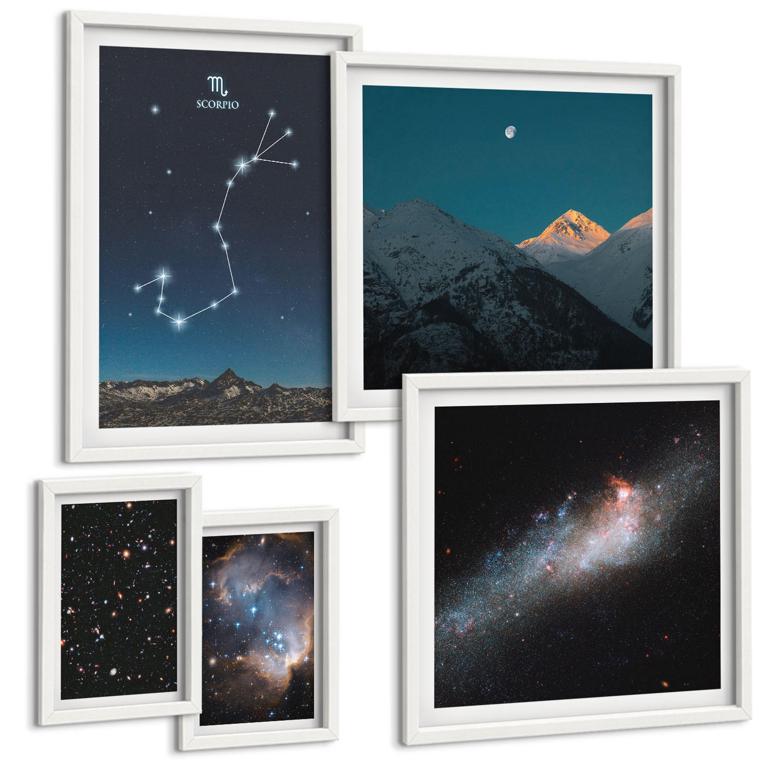 BILDER SET 5er Set - 50x50 cm & 20x30 cm & 40x60 cm Weißer Rahmen - Weltraumlandschaften von Galaxien - Weiß, Kunststoff (40/60cm) - TULUP