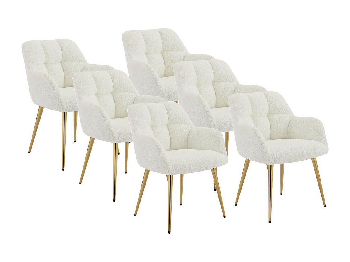 STUHL mit Armlehnen 6er-Set - Bouclé-Stoff & goldfarbenes Metall - Weiß - PEGA - Goldfarben/Weiß, Textil (58.5/78/62cm) - Vente-Unique