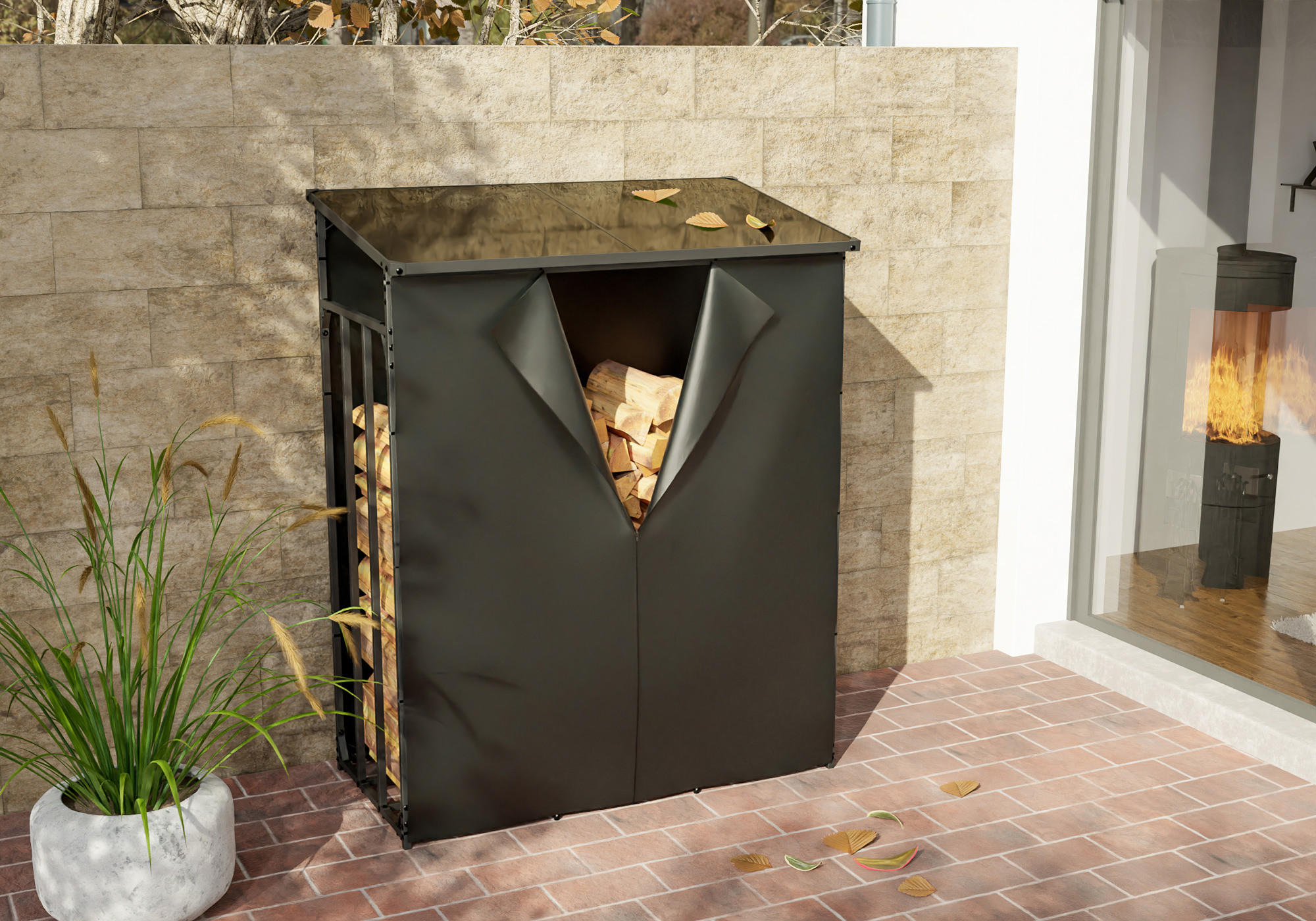 KAMINHOLZREGAL 130/70/165 cm Metall anthrazit - Anthrazit/Schwarz, Metall (130/165/70cm) - CLP