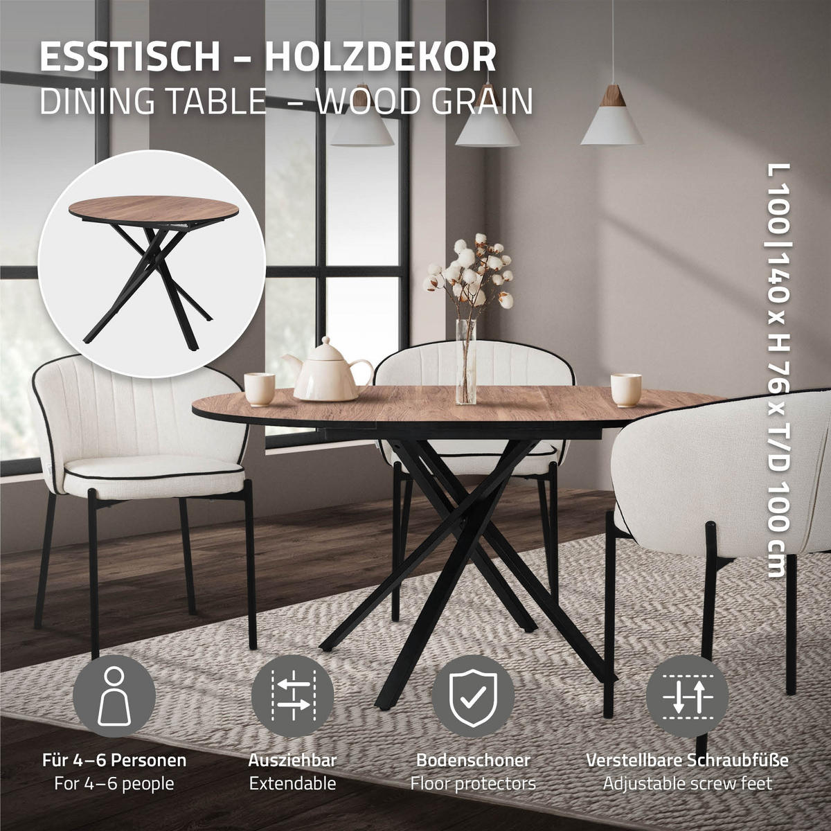 ROZKLÁDACÍ kulatý jídelní stůl v hnědé barvě s imitací dřeva 100–140 × 76 × 100 cm - černá/hnědá, kov/kompozitní dřevo (69/69/76cm) - ML-DESIGN