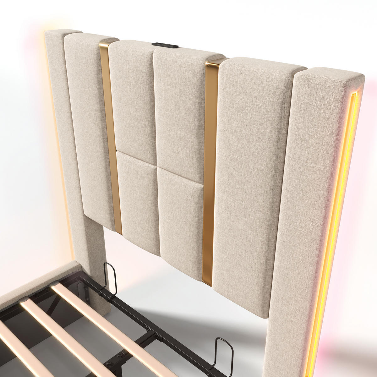 STAURAUMBETT 90/200 cm DE-00520, in Beige, LED und hydraulischem Bettkasten - Beige, Metall (90/200cm) - ComfortXL