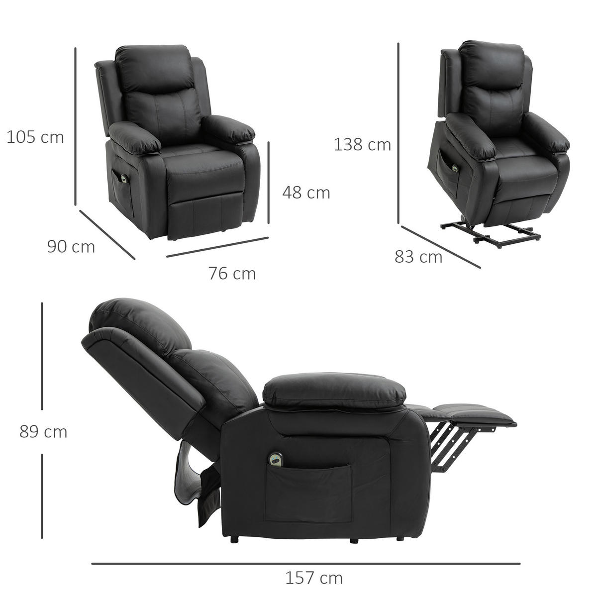 RELAXSESSEL DE-15442 elektrisch verstellbar mit Aufstehhilfe Schwarz - Schwarz, Leder (76/105/90cm) - ComfortXL