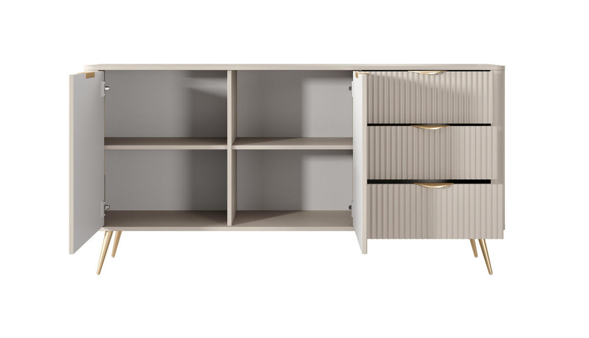 SIDEBOARD Flore 163 cm Beige / Gold - mit 3 Schubladen und 2 Türen - Riffel-Optik - Beige/Gelb, Holz/Holzwerkstoff (163/81/38cm) - Ravio