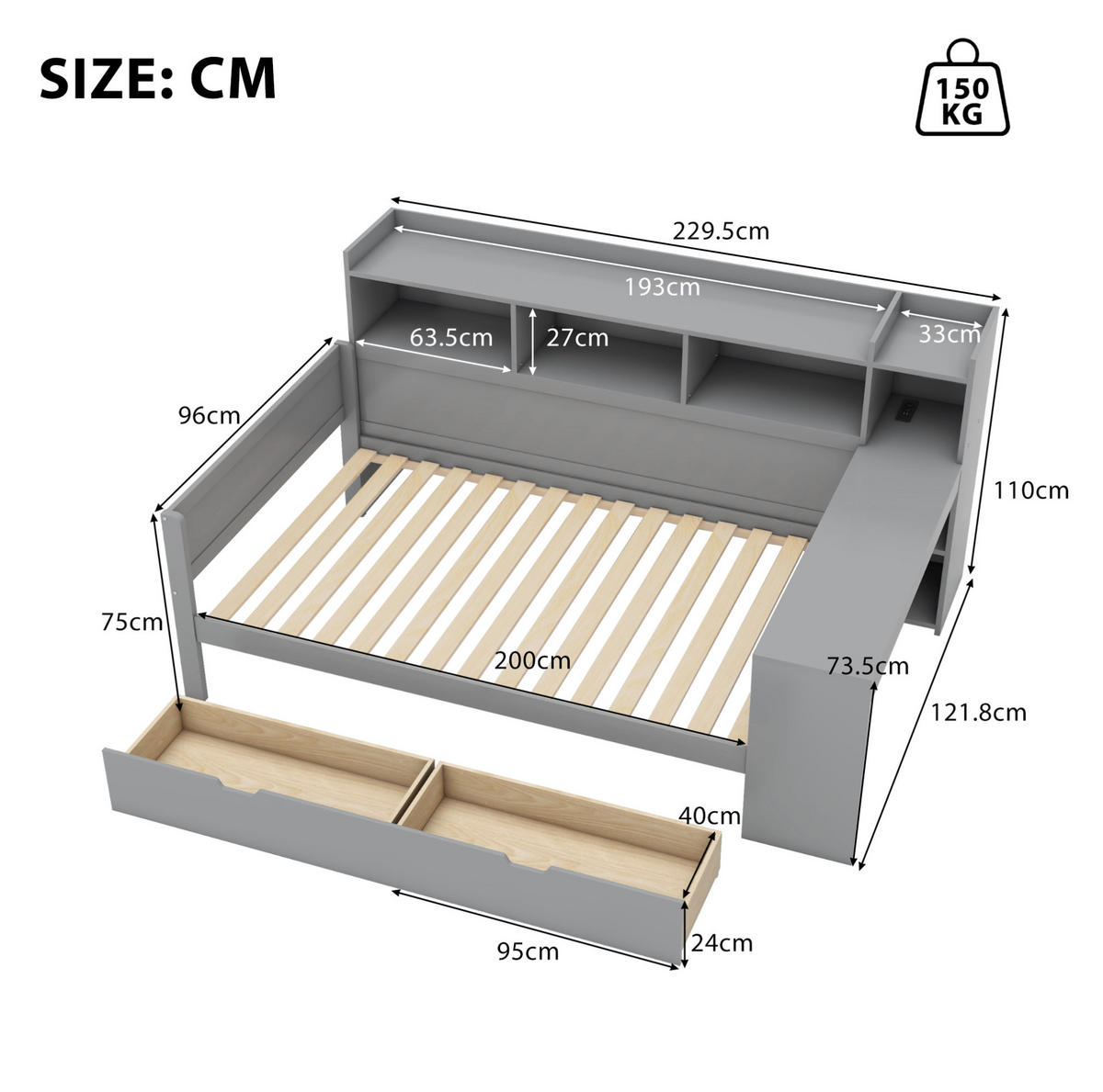 POSTEĽ s písacím stolom, 90/200 cm, sivá, z drevotriesky a MDF - sivá, kompozitné drevo (90/200cm) - BEAOK