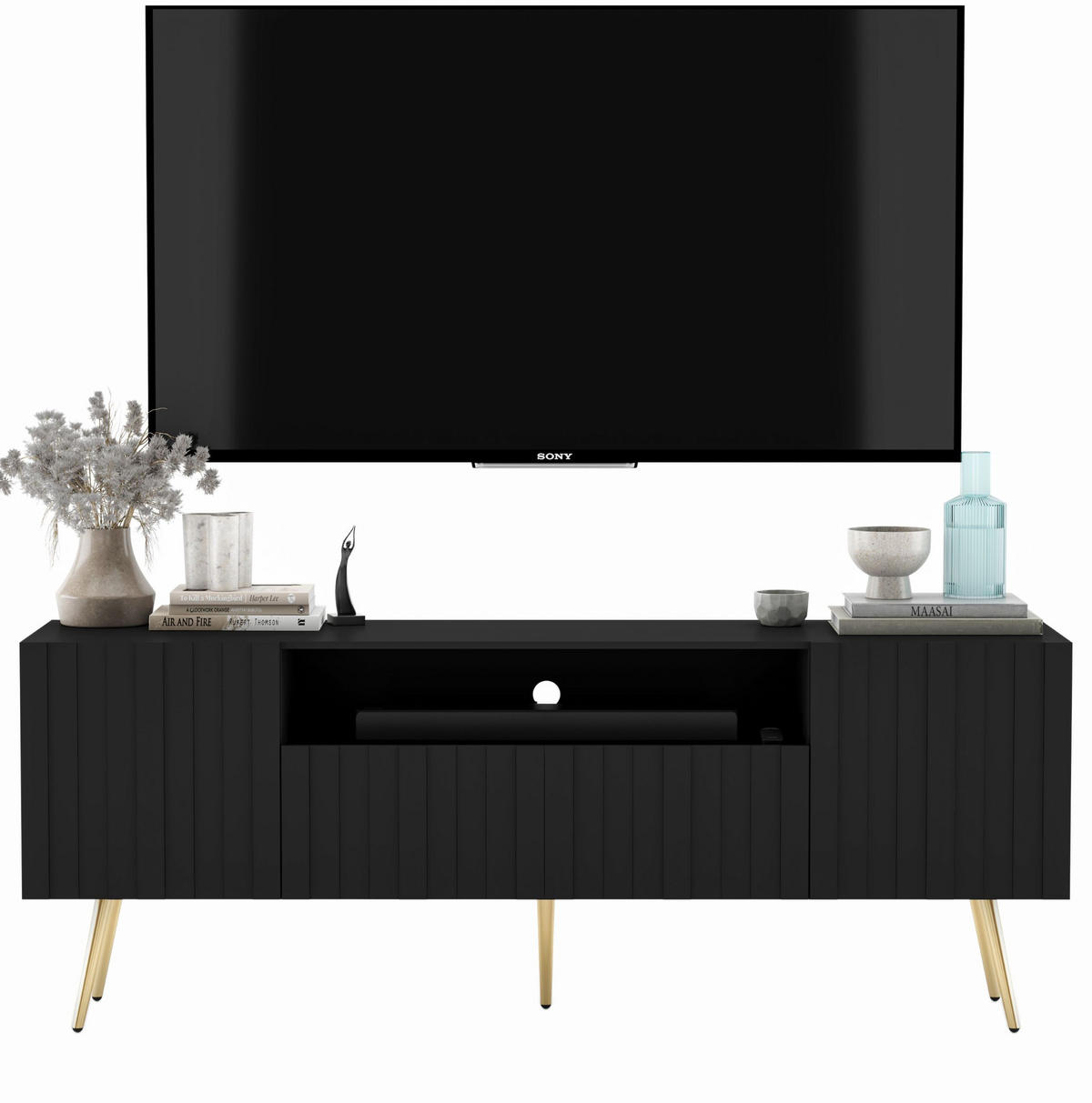 TV-SCHRANK Elpis2 Schwarz Matt mit goldenen Metallbeine Glamour 150 cm - Goldfarben/Schwarz, Holzwerkstoff/Metall (150/60.5/36.5cm) - Meble Lindner