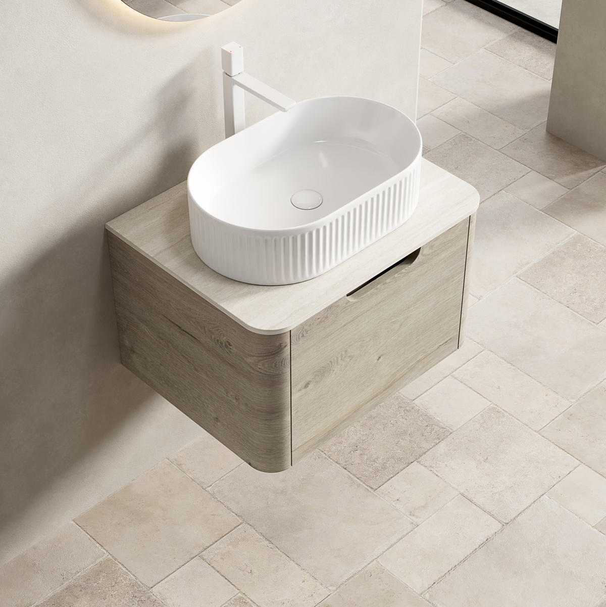 WASCHTISCHKOMBI 60 cm mit Aufsatzbecken und Soft-Close-Schublade in Eiche - Creme, Keramik (60/50.2/46cm) - BEAOK