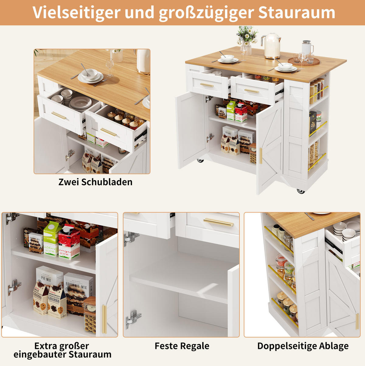KÜCHENINSEL 120/40/90 cm weiß mit klappbarer Tischplatte - Weiß, Holzwerkstoff (120/90/65cm) - OKWISH