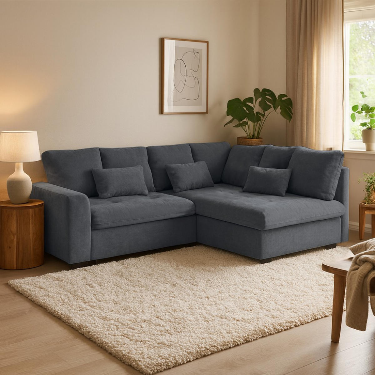 ECKSCHLAFSOFA Ramo mit Bettkasten, Topper gratis, Dunkelgrau, rechts - Dunkelgrau/Schwarz, Textil (229/190cm) - Beautysofa
