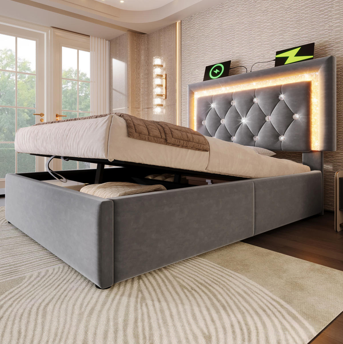 POLSTERBETT mit Bettkasten 90x200 cm Samt Grau mit LED - Grau, Metall (90/200cm) - Meubliv