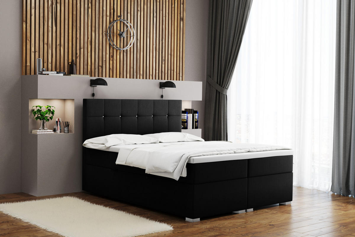 BOXBETT Mit Matratze Und Bettkasten LINDT Stoff Velvet 200x200 cm Schwarz H2-Pocket - Schwarz, Holz/Holzwerkstoff (200/200cm) - Kaiser Möbel