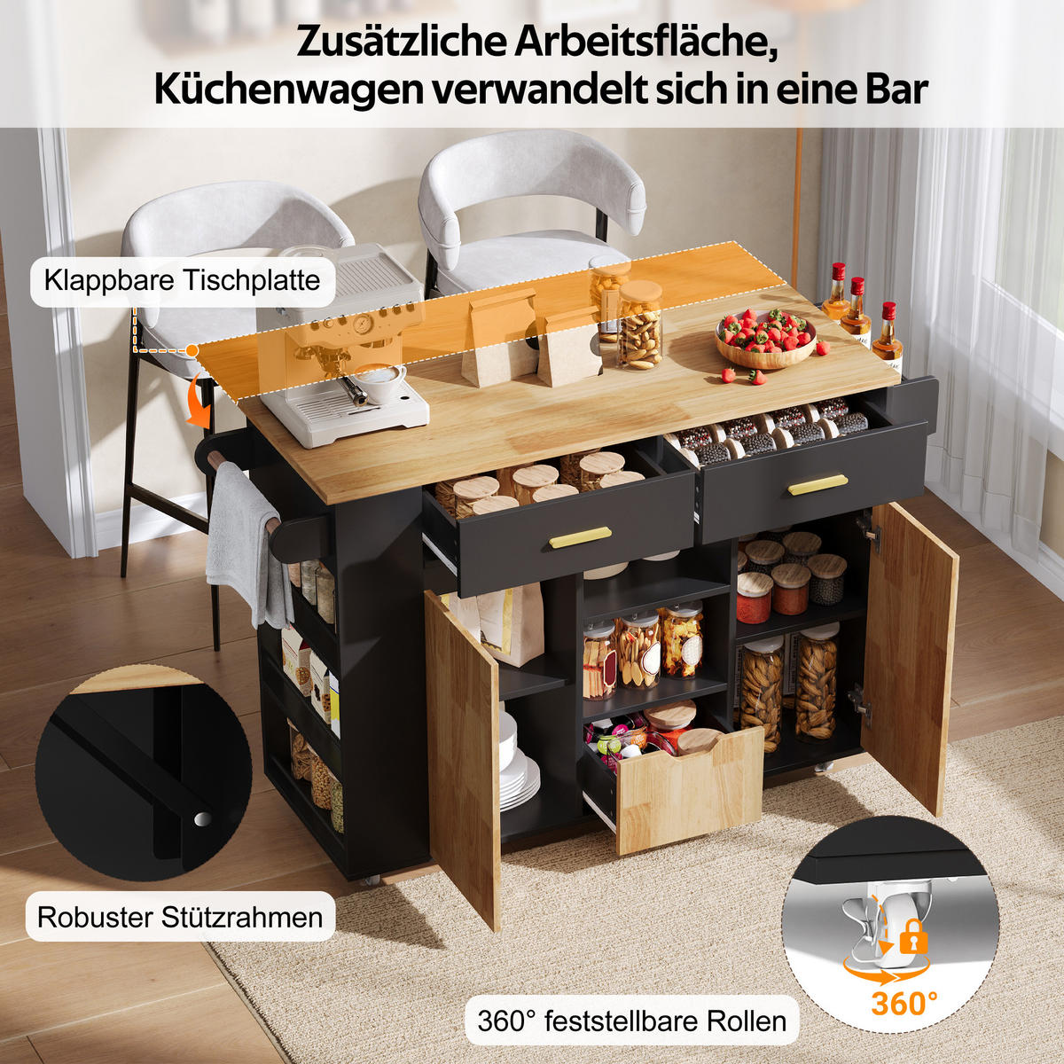 KÜCHENINSEL DE-41417 120/45-71/90 cm, klappbare Arbeitsplatte, Gewürzregal Schwarz - Schwarz, Holzwerkstoff (120/90/71cm) - ComfortXL
