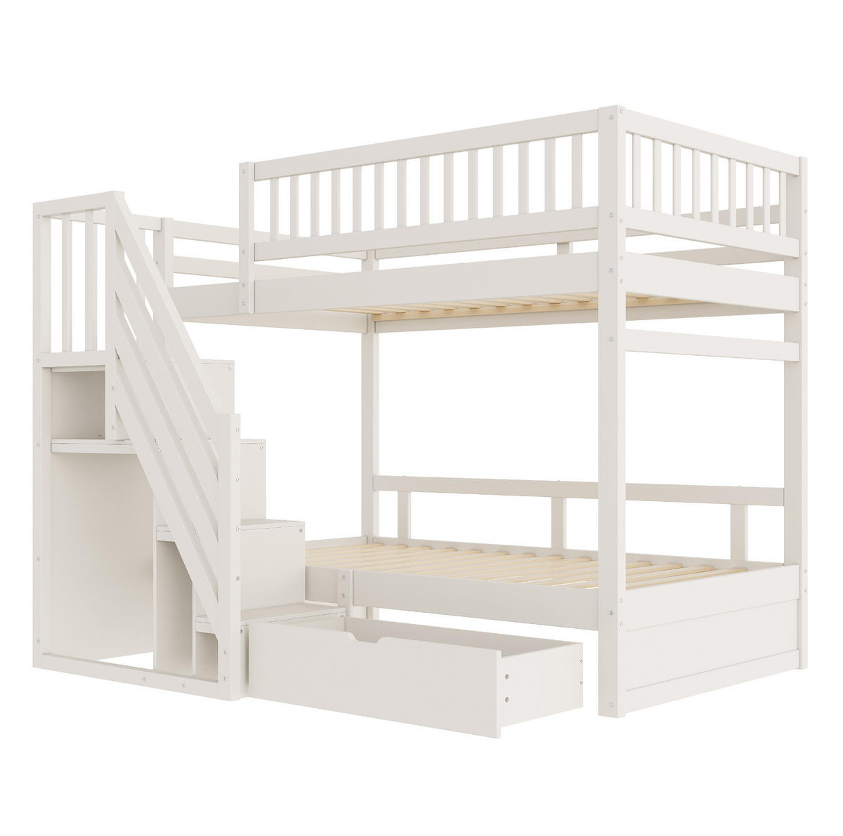 ETAGENBETT aus 90x200 cm Weiß mit Lattenrost, Sicherheitsgeländer, Treppe mit Stauraum und Schublade - Weiß, Holzwerkstoff (90/200cm) - Modfu