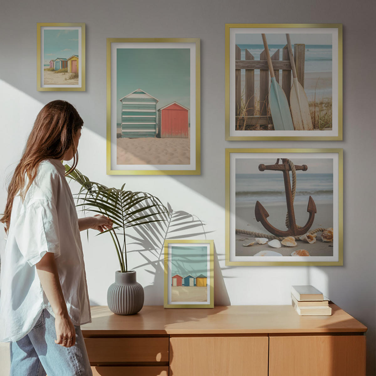 WANDBILDER 5er Set - 50x50 cm & 20x30 cm & 40x60 cm Goldrahmen - Bunte Häuser, Strand, Sonne - Goldfarben, Kunststoff (40/60cm) - ArtPrintCave