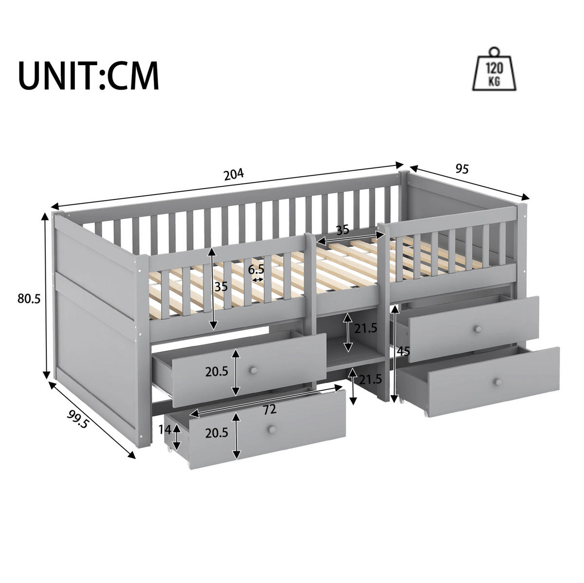 KINDERBETT Kindereinzelbetten 90/200 cm mit 4 Schubladen, Leiter und Sicherheitsgeländer aus Kiefer und MDF, Grau - Grau, Holzwerkstoff (90/200cm) - Redom