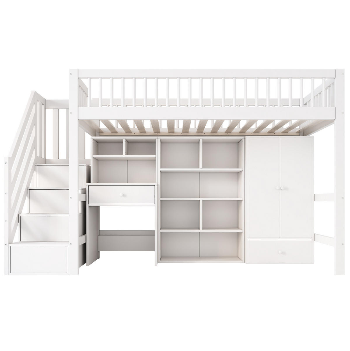 HOCHBETT mit Schreibtisch 90/200 cm in Weiß – mit Stauraum, Treppe und Kleiderschrank - Weiß, Holzwerkstoff (90/200cm) - BEAOK