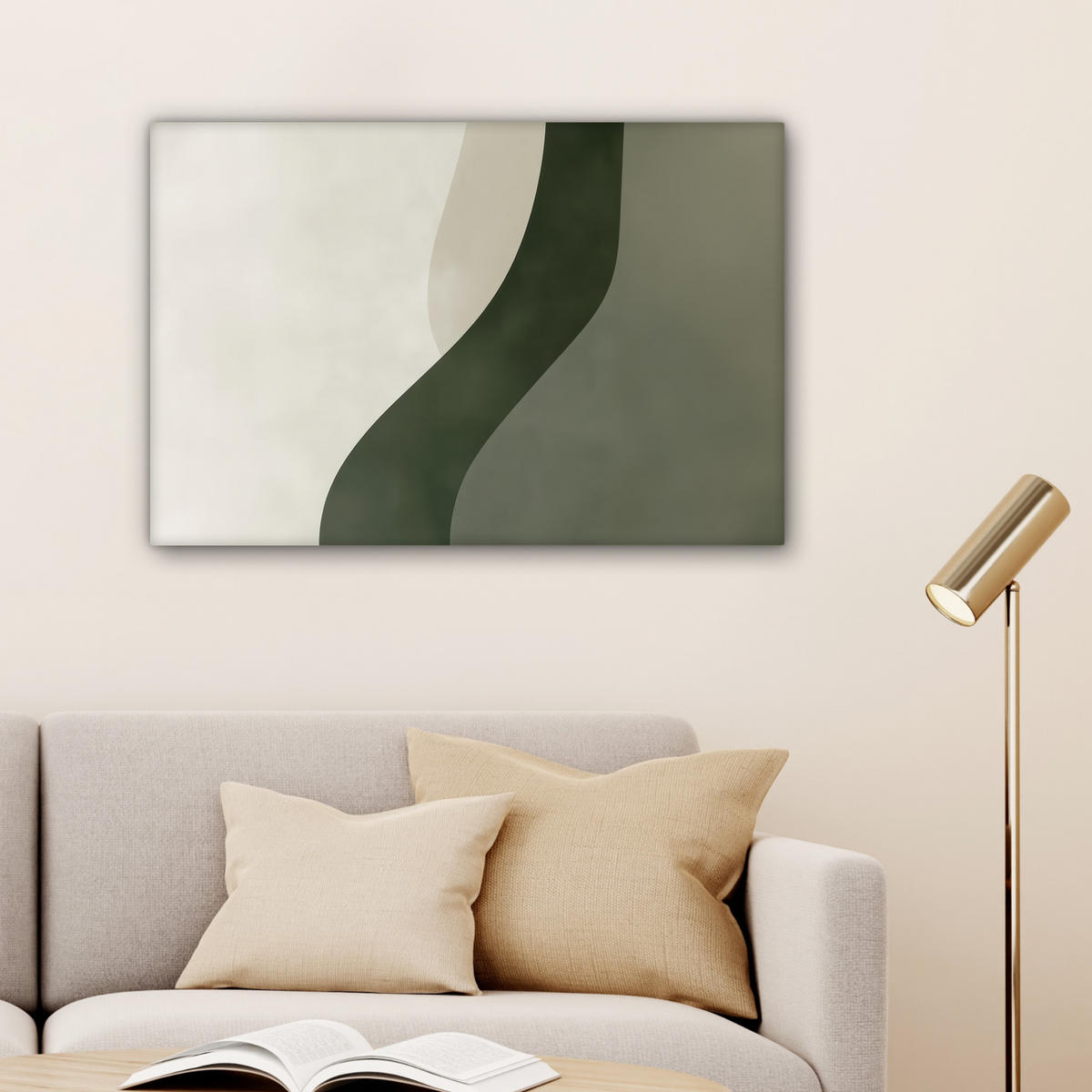 LEINWANDBILD Japandi - Grün - Abstrakt - Modern Wanddeko 90x60 cm - Salbeigrün, Textil (90/60cm) - MuchoWow