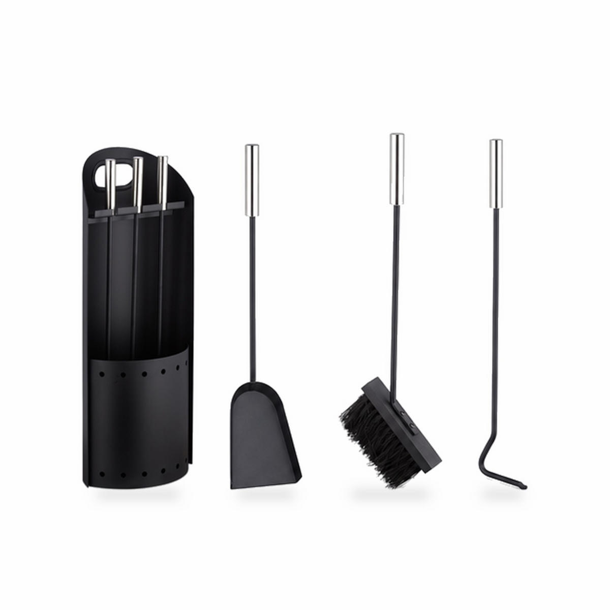 KAMINBESTECK Schwarz Silber 4-tlg.-Set mit Ständer - Schwarz, Metall (23.5/59/16cm) - Relaxdays
