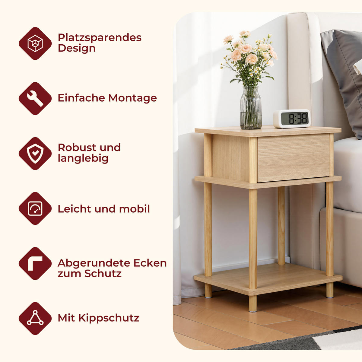 NACHTTISCH Holz mit Schublade | B40 x T35 x H60 cm - Naturfarben, Holz/Holzwerkstoff (40/60/30cm) - Hometopia