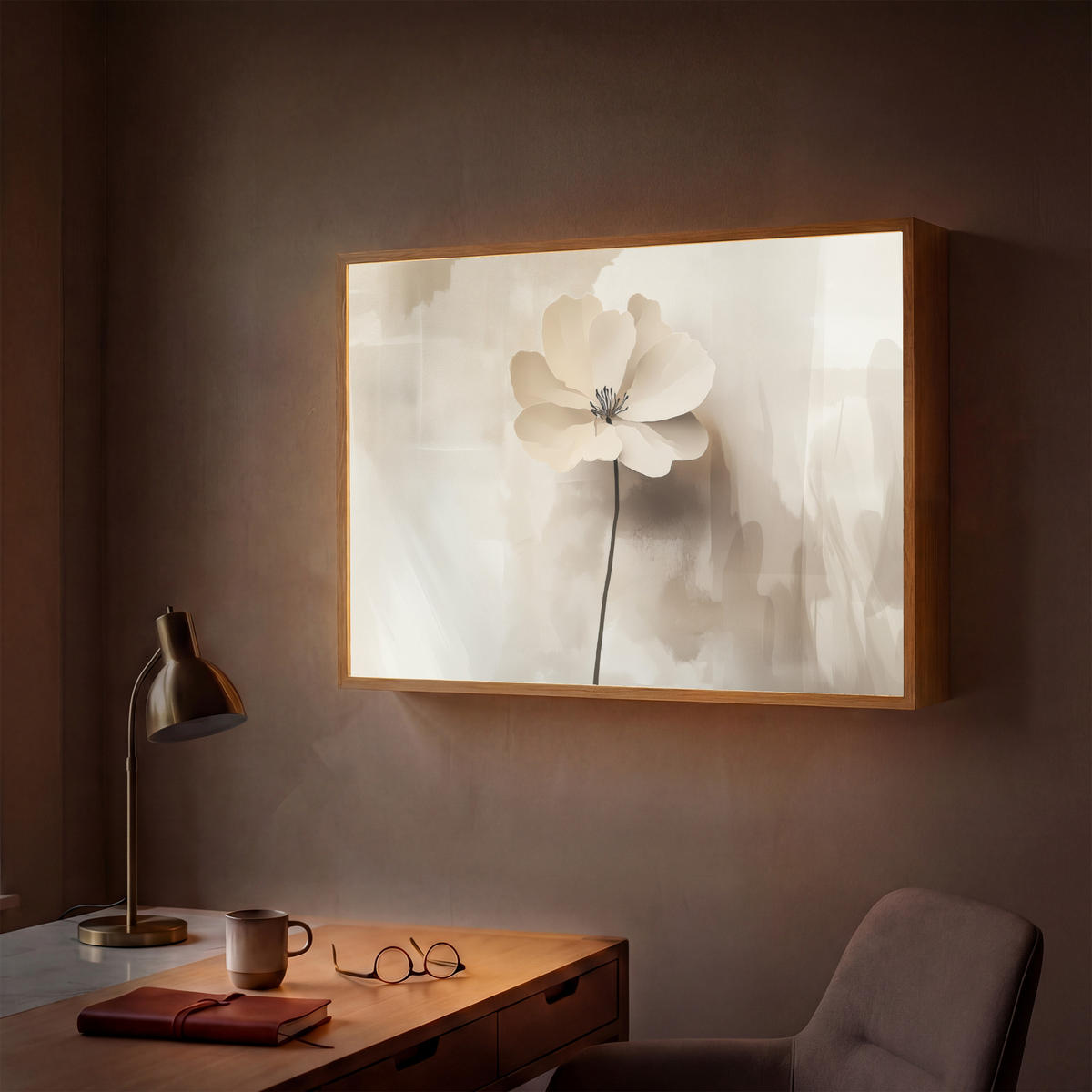 NÁSTĚNNÁ LAMPA S AKUMULÁTOREM Květina - béžová - barva - stín 100x70 cm - béžová, kompozitní dřevo (100/70/8cm) - OnlyWow