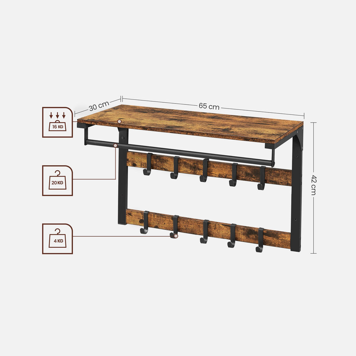 WANDGARDEROBE MIT ABLAGE - Braun, Holzwerkstoff (30/42/65cm) - Hansiro