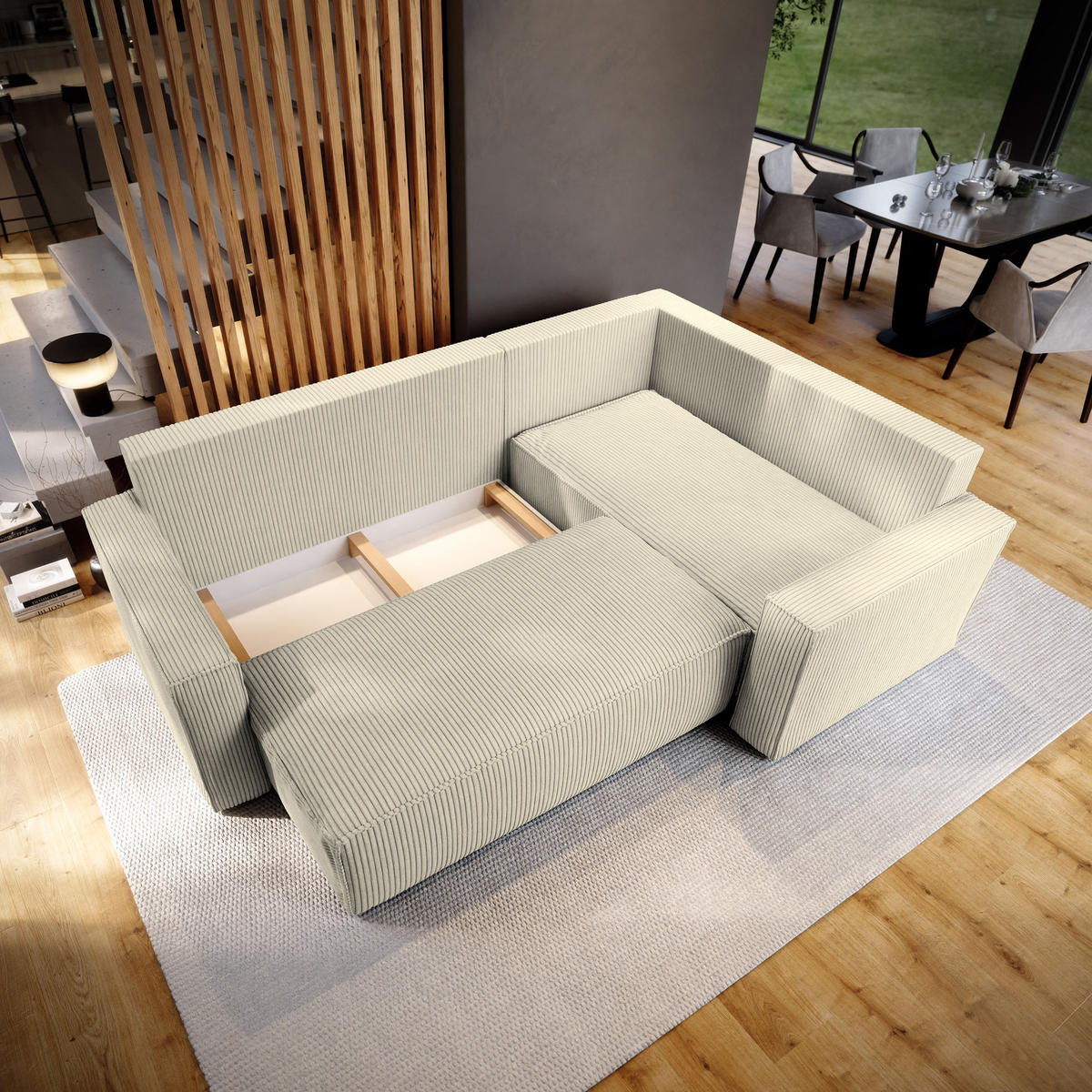 ECKSOFA ESTANO R-S Creme Kordstoff mit Schlaffunktion - Creme, Holz (230/158cm) - MASSENO